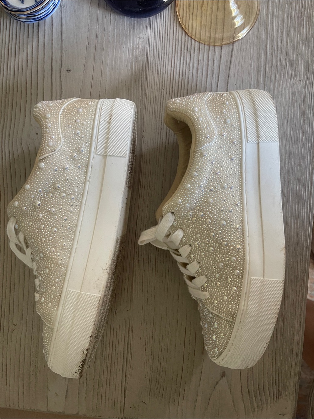 Betsey Johnson Ivory Pearl & Crystal Lace-Up Sneakers - Picture 4 of 5